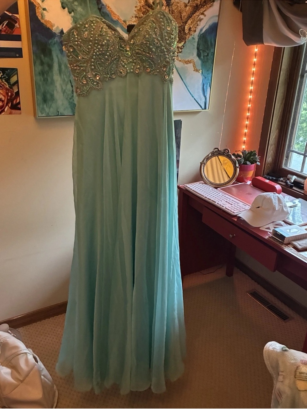 Sherri Hill Size 8 Aqua Beaded Rhinestone Sweetheart Chiffon Long Gown